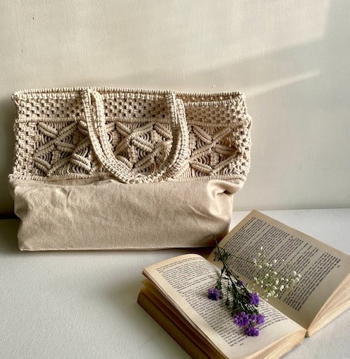 tote macrame shoulder bag for daily purpose cotton bag off white handmade for women